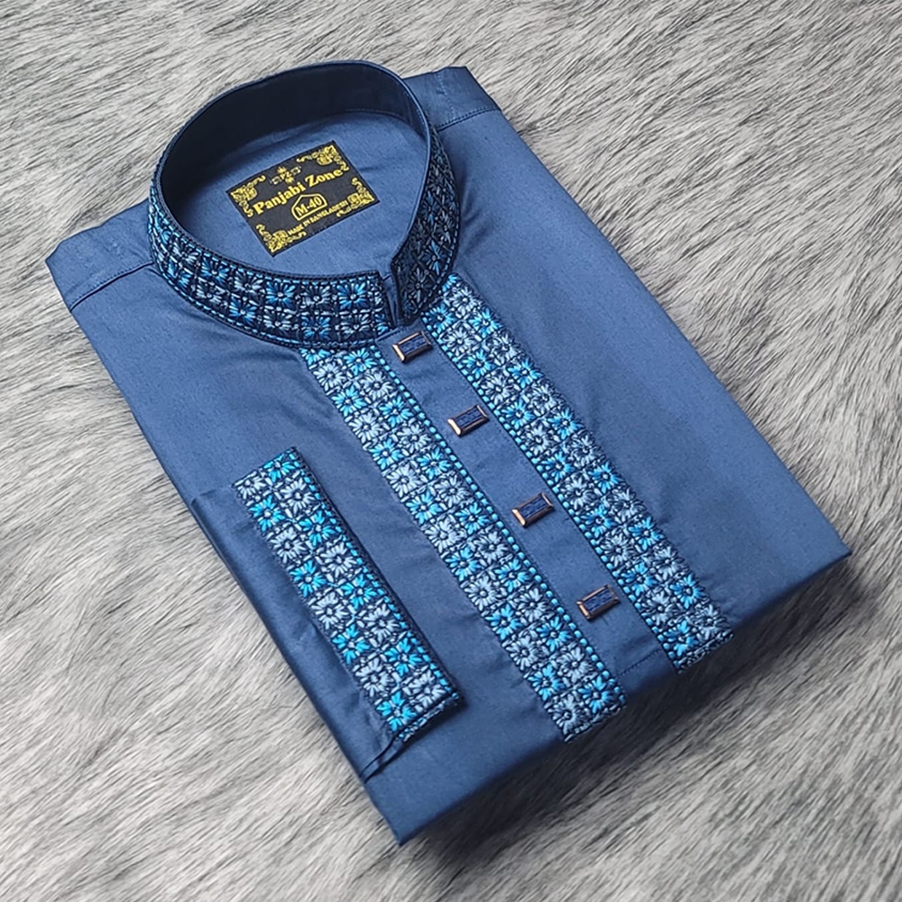 Cotton Embroidery Panjabi For Men - Blue