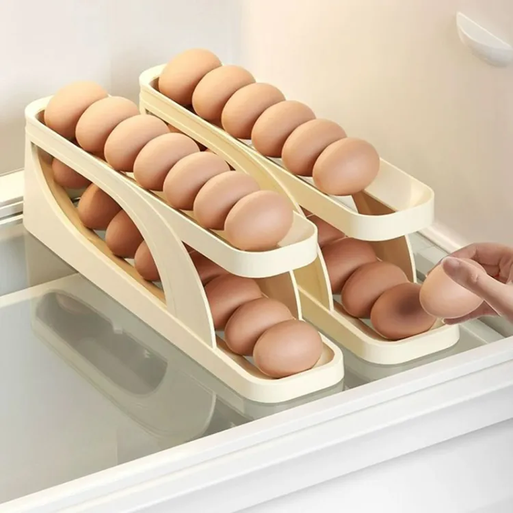 Automatic Scrolling Egg Storage Organizer for Refrigerator - Cream