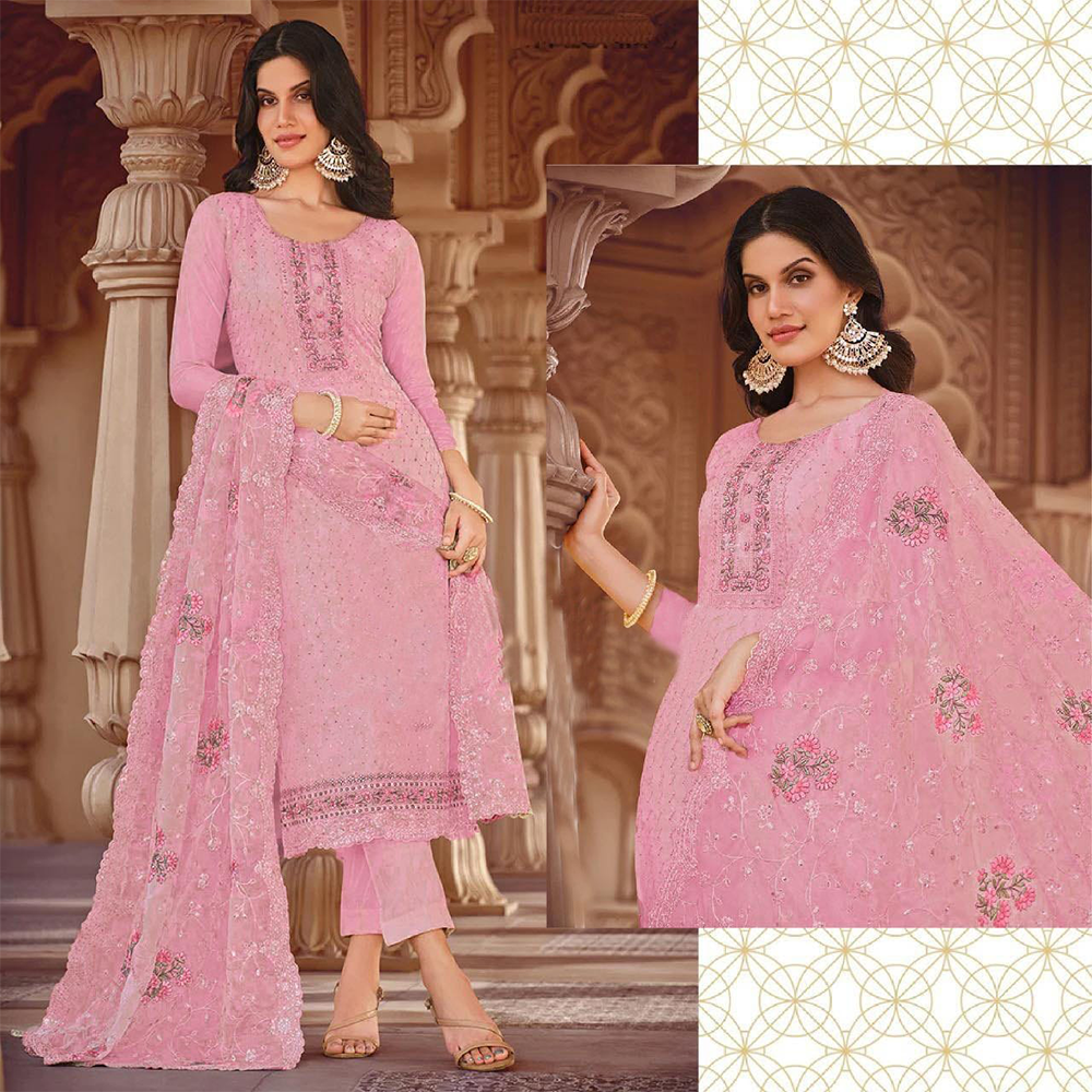 Unstitched Georgette Embroidery 4 Piece Salwar Kameez For Women - Pink - 4F-G6