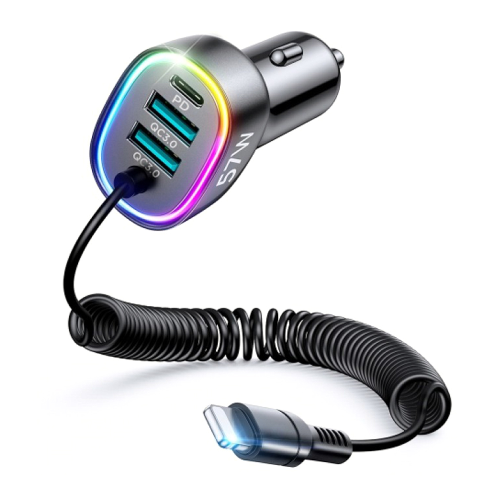 Joyroom 4 In 1 CL-20 Car Charger With 8 Pin Lightning Coiled Data Cable - 57W - Black