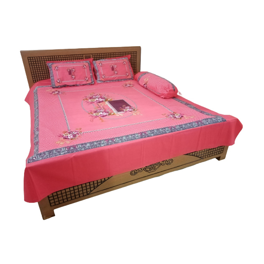 Cotton Panel Bedsheet With Side Pillow Cover 4 in 1 - Pink - STK-07