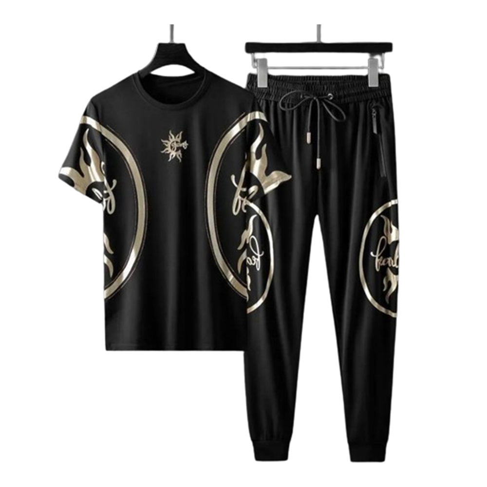 PP Jersey Half Sleeve T-Shirt With Trouser Full Track Suit - Black - TF-73