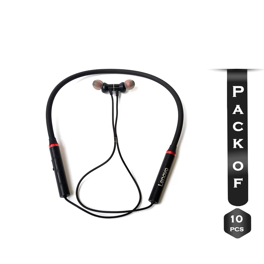 Pack of 10Pcs Lenovo HE05X Bluetooth Neckband Earphone - Black