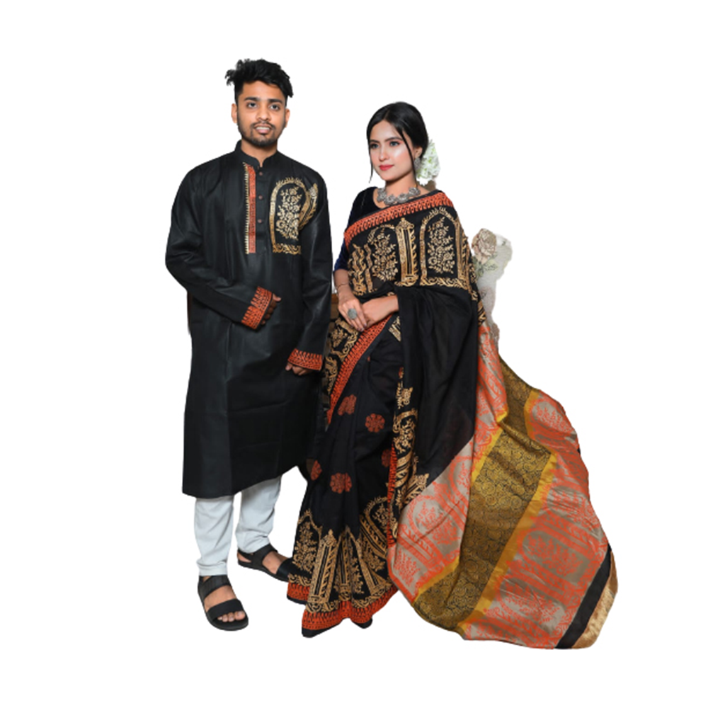 Exclusive Couple Set Saree With Panjabi - Black - CS-B8