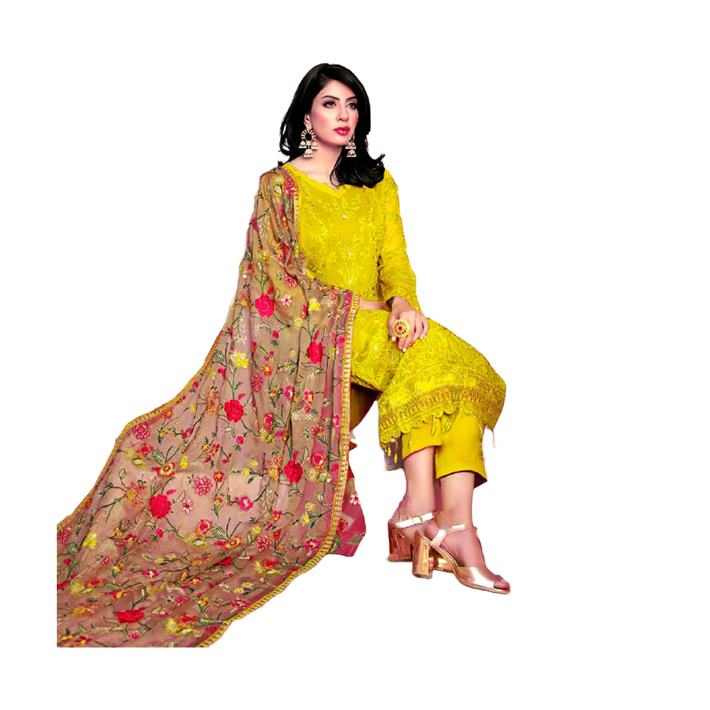 Three Pcs For Women Georgette and Butter Silk - Yellow and Magenta