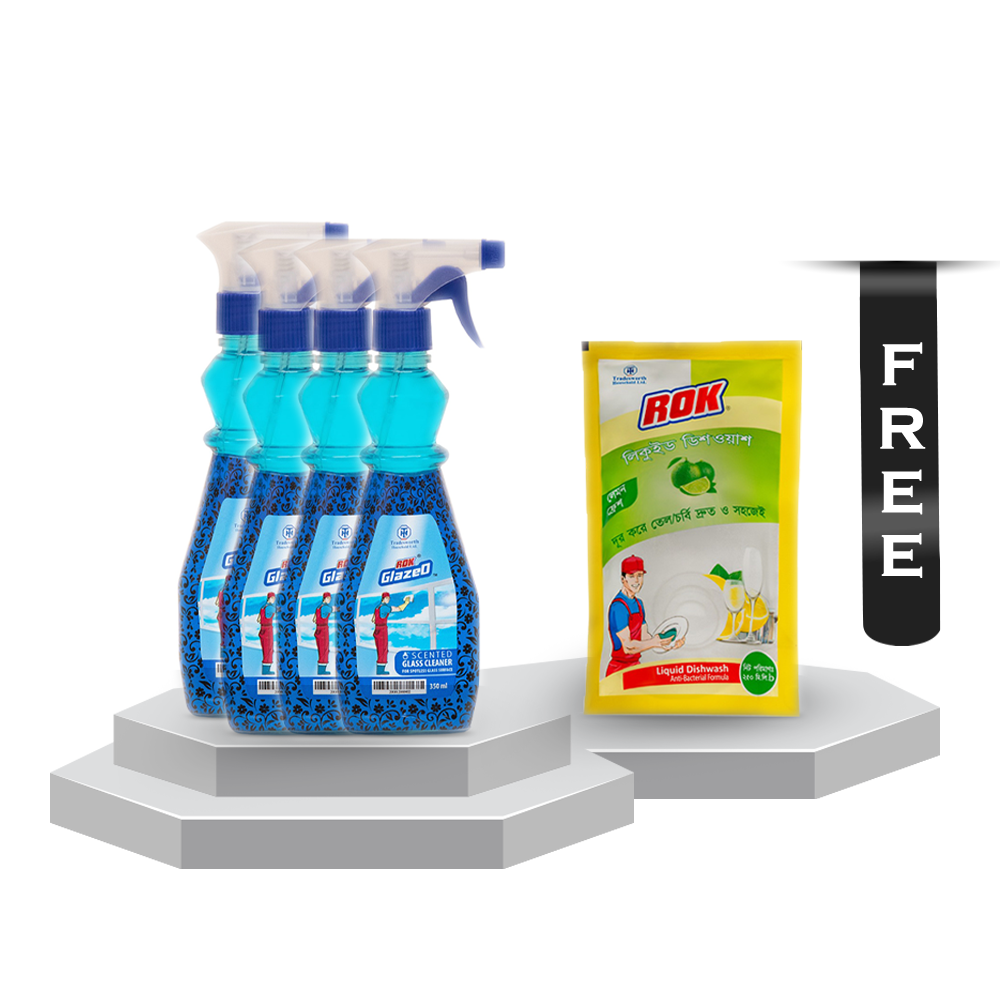 Combo of 4Pcs Rok Glass Cleaner - 4x350ml With Rok Liquid Dishwash Refill - 250ml Free