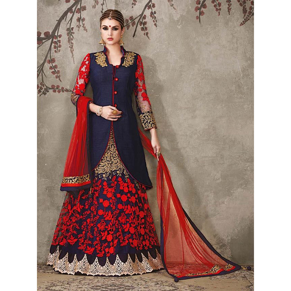 Unstitched Georgette Embroidery 4 Piece Salwar Kameez For Women - Red and Navy Blue - 4F-G7