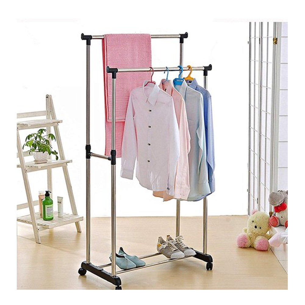 Stainless Steel Double Pole Cloth Hanger and Shoe Rack - Silver