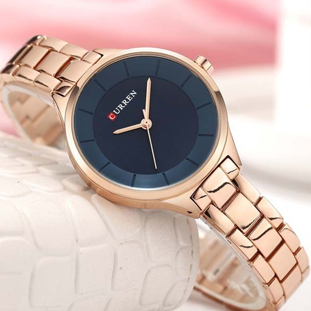 Curren 9015 Stainless Steel Quartz Wrist Watch For Women - Rose Gold and Blue