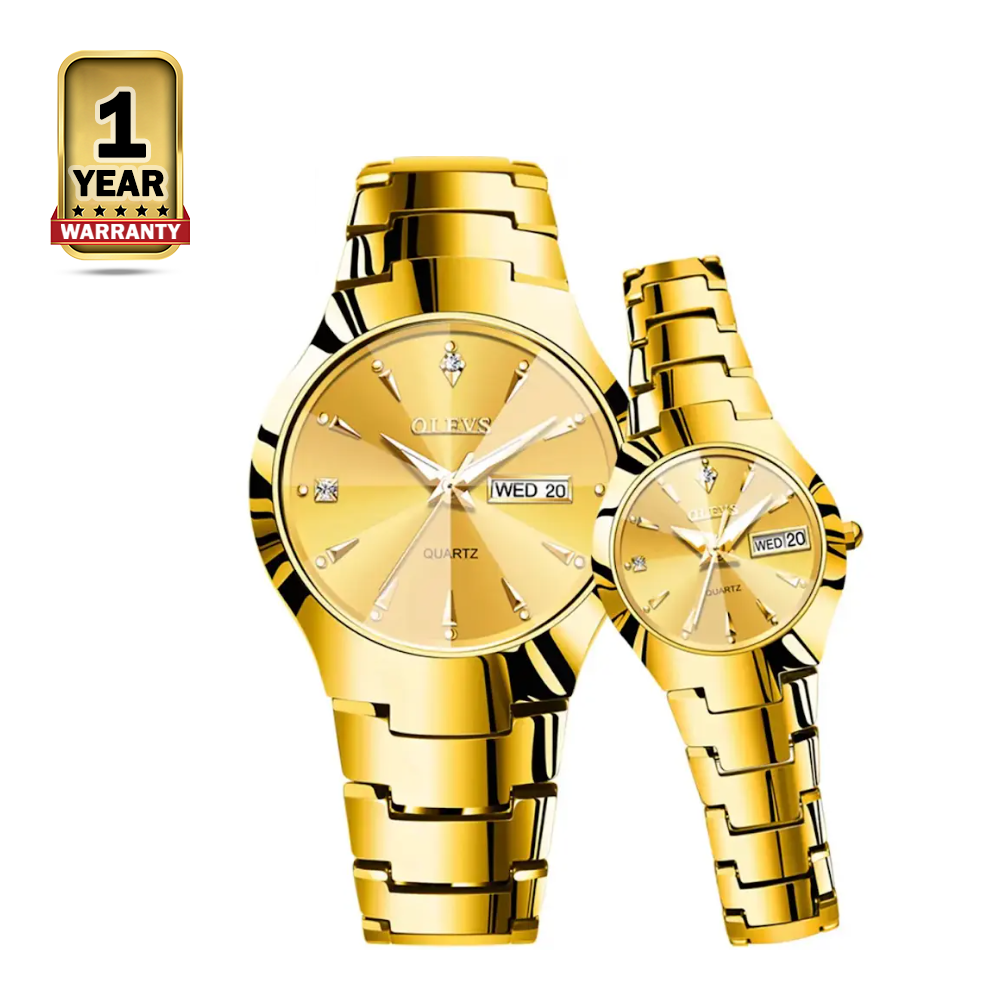 OLEVS 9975 Stainless Steel Wrist Watch For Couple - Golden