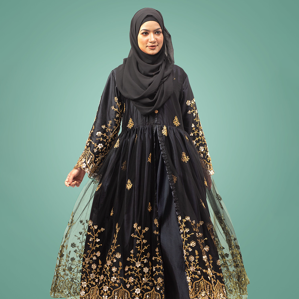 Modest Premium Net with Embroidery Gown For Women - Black Golden