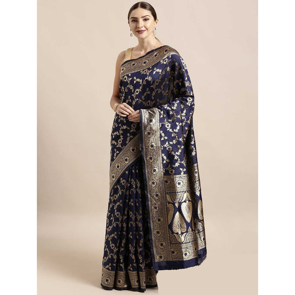 Silk Printed Gorgeous Saree With Blouse Piece For Women - Navy Blue - MN-743