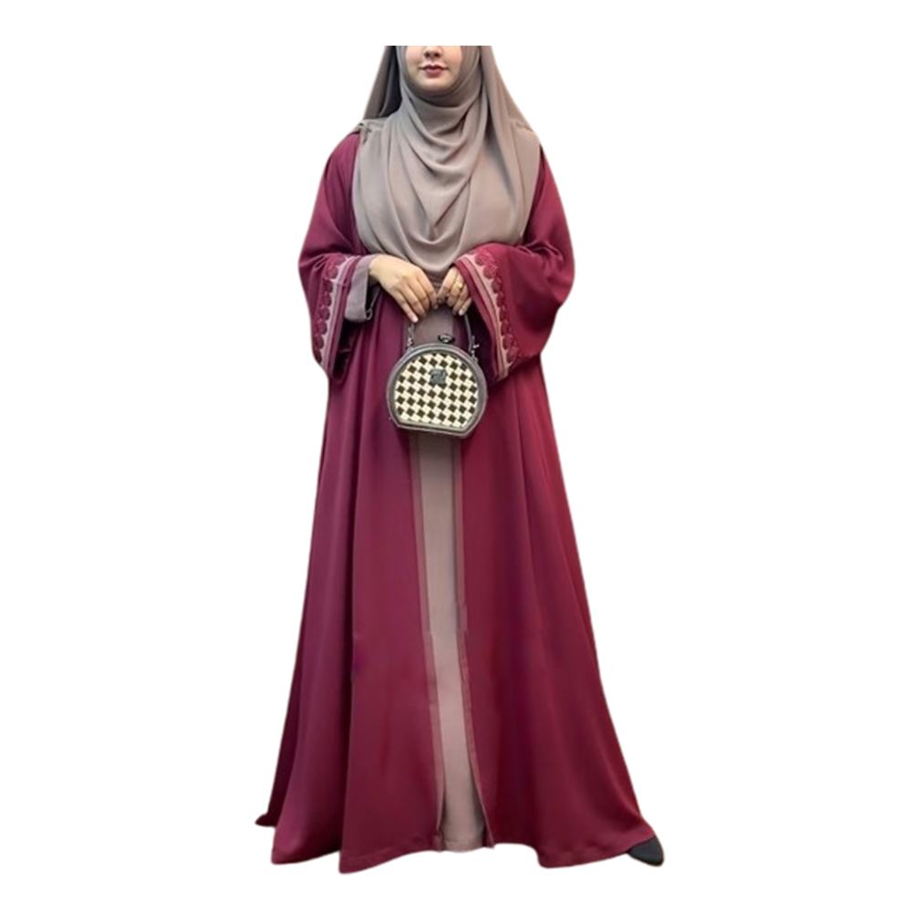 Dubai Cherry Embroidered Lace Arabian Borkha With Hijab - Maroon