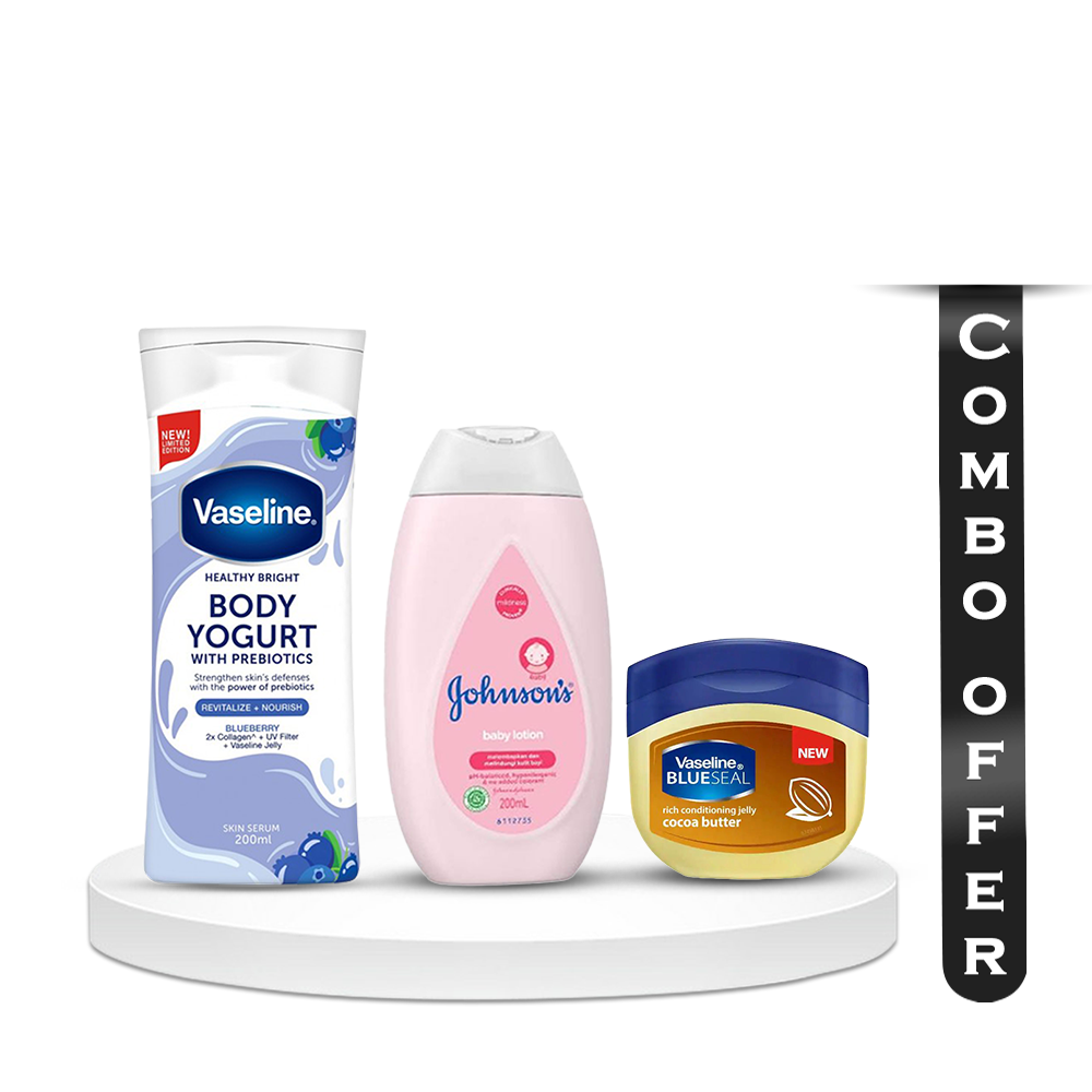 Combo of Vaseline Healthy Bright Blueberry Body Yogurt Lotion - Johnson’s Baby Mild Lotion - Vaseline Blueseal Cocoa Butter Rich Conditioning Jelly - 200ml + 200ml + 50ml