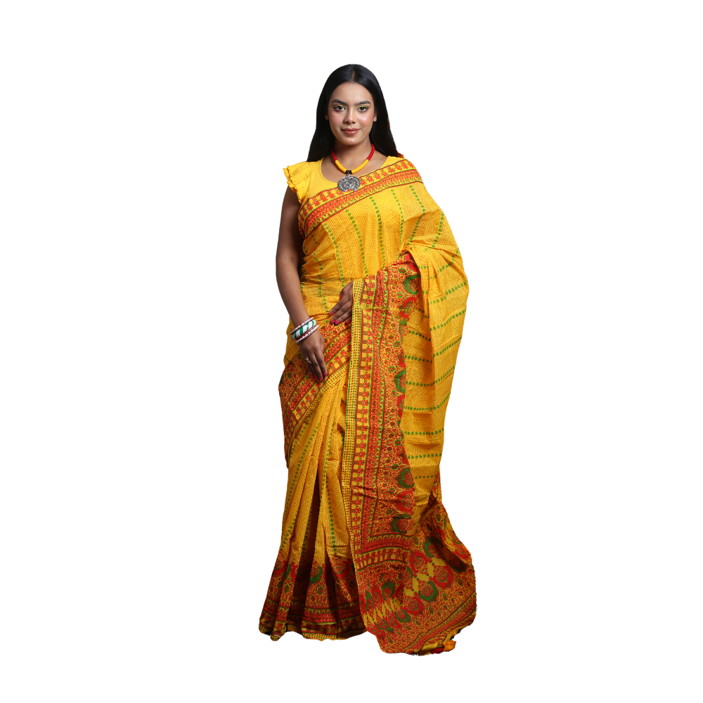 Skin Print Silk Cotton Saree For Women - Lightning Yellow - SC12