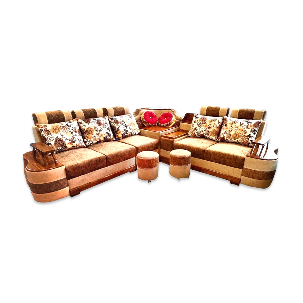 Shegun Wood Corner Sofa With Solid Foam & Cushion - 9x8 Ft - Shegun Lacour Polish - FHCORNER01