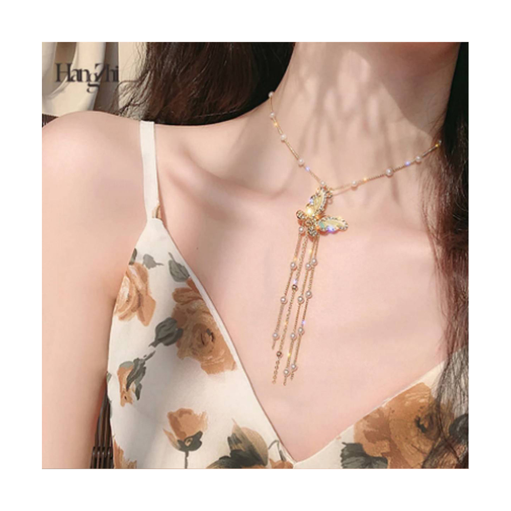 Zircon Pearl Long Butterfly Pendant Collar Necklace For Women - Tassel