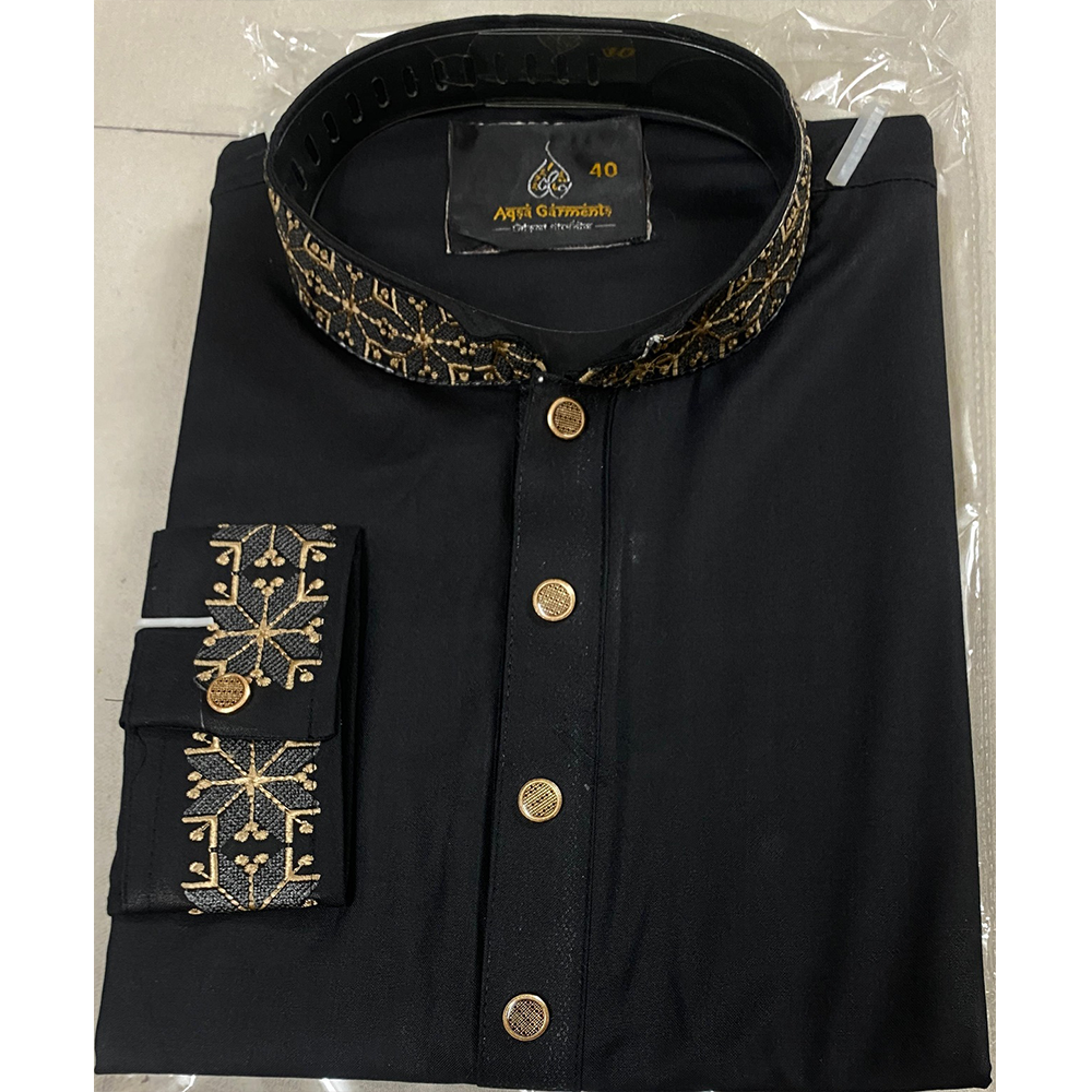 Cotton Embroidered Panjabi For Men - Black - 03