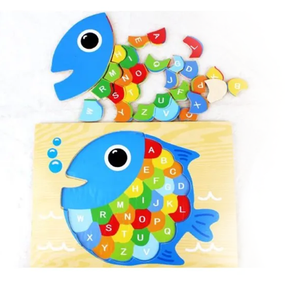 Wooden 3D Cartoon Fish Alphabet Puzzle Educational Toy For Children - Multicolor