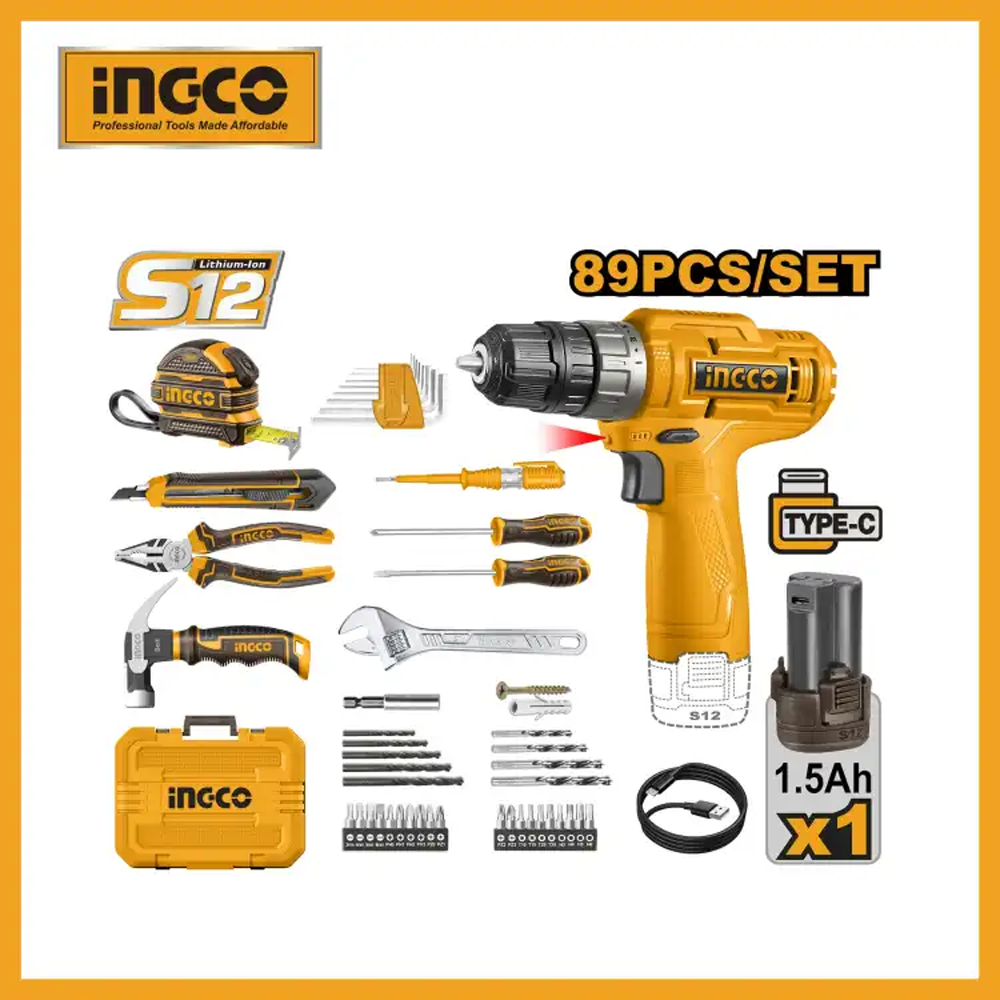 Ingco HKTHP10891 Cordless Drill Tool Set - 12V - 89 Pcs