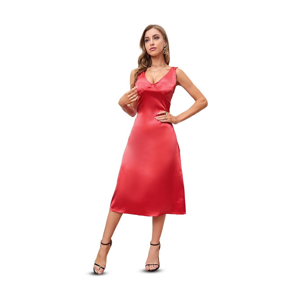 Collar Off-Shoulder Casual Short-Sleeve Silk Dress for Women - Red 