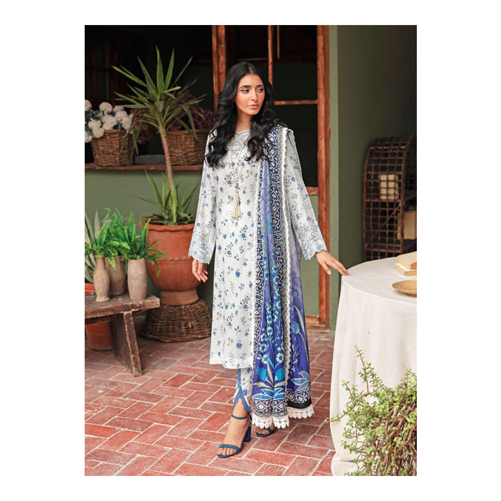 Unstitched Digital Printed Embroidered Lawn for Women - Off White - HP-3PP-401 (1 Pc Ring Free)