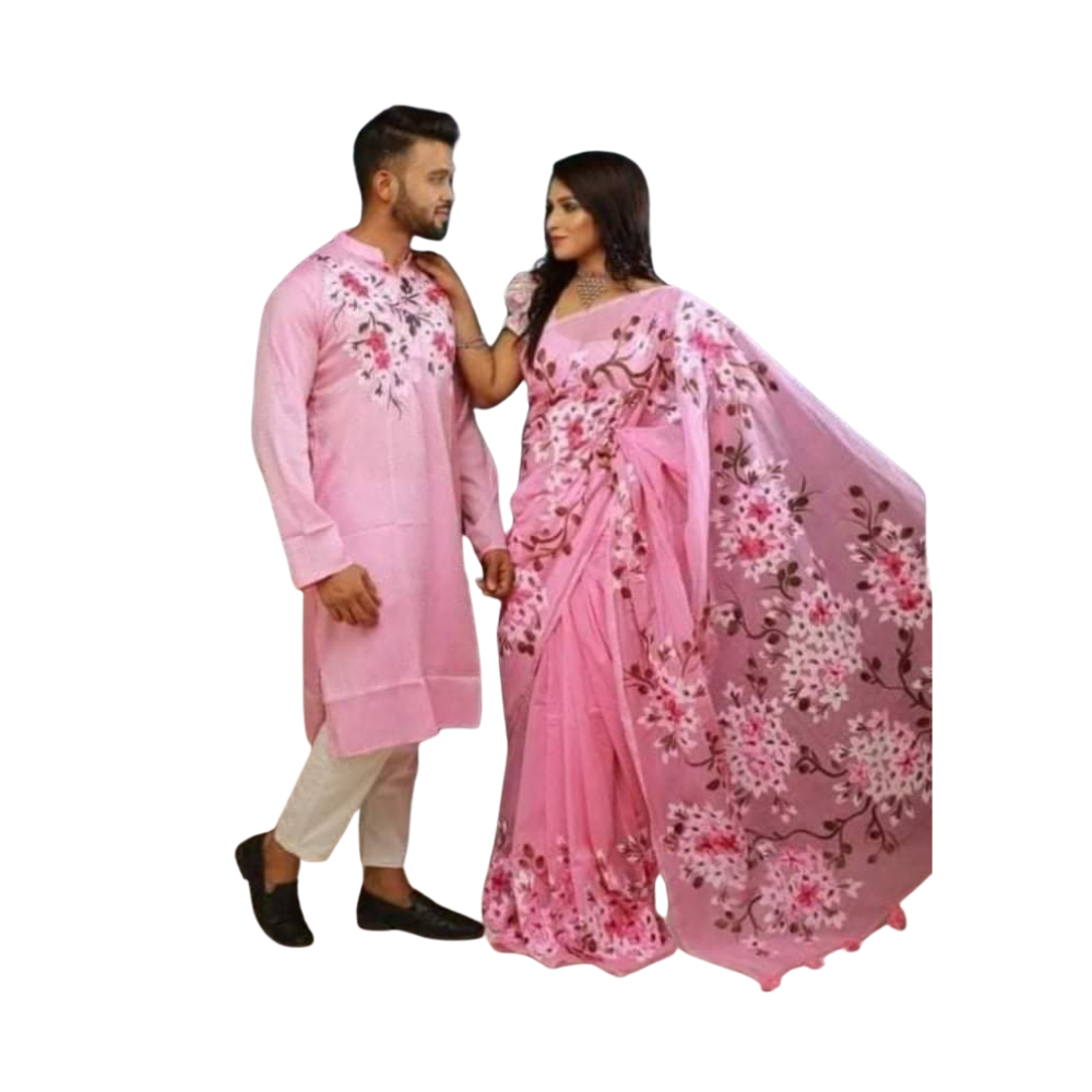 Cotton Silk Saree and Dhupian Cotton Panjabi Couple Dress - Onion Pink - SC92