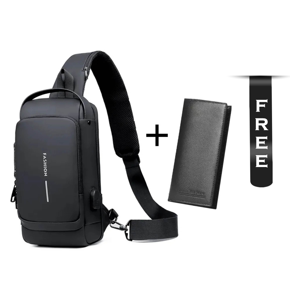 Nylon Shoulder Bag with Free Wallet - Black - 666