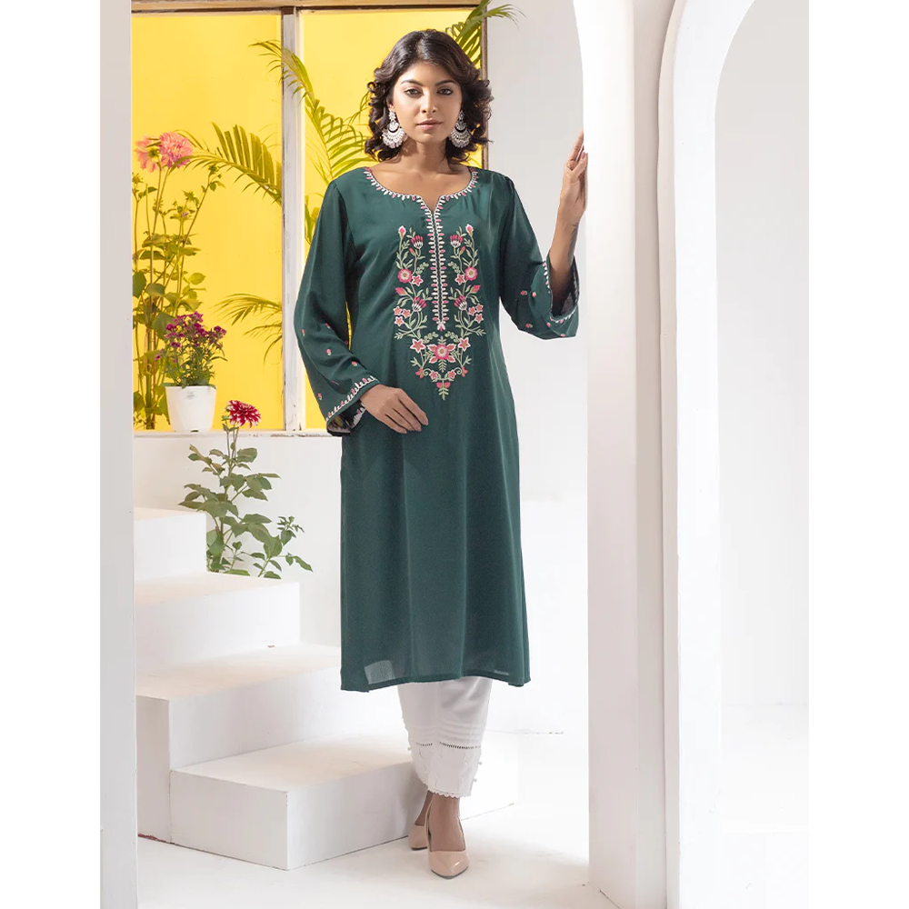 Cherry Georgette Kurti for Women - Dark Green - 1122- 000070