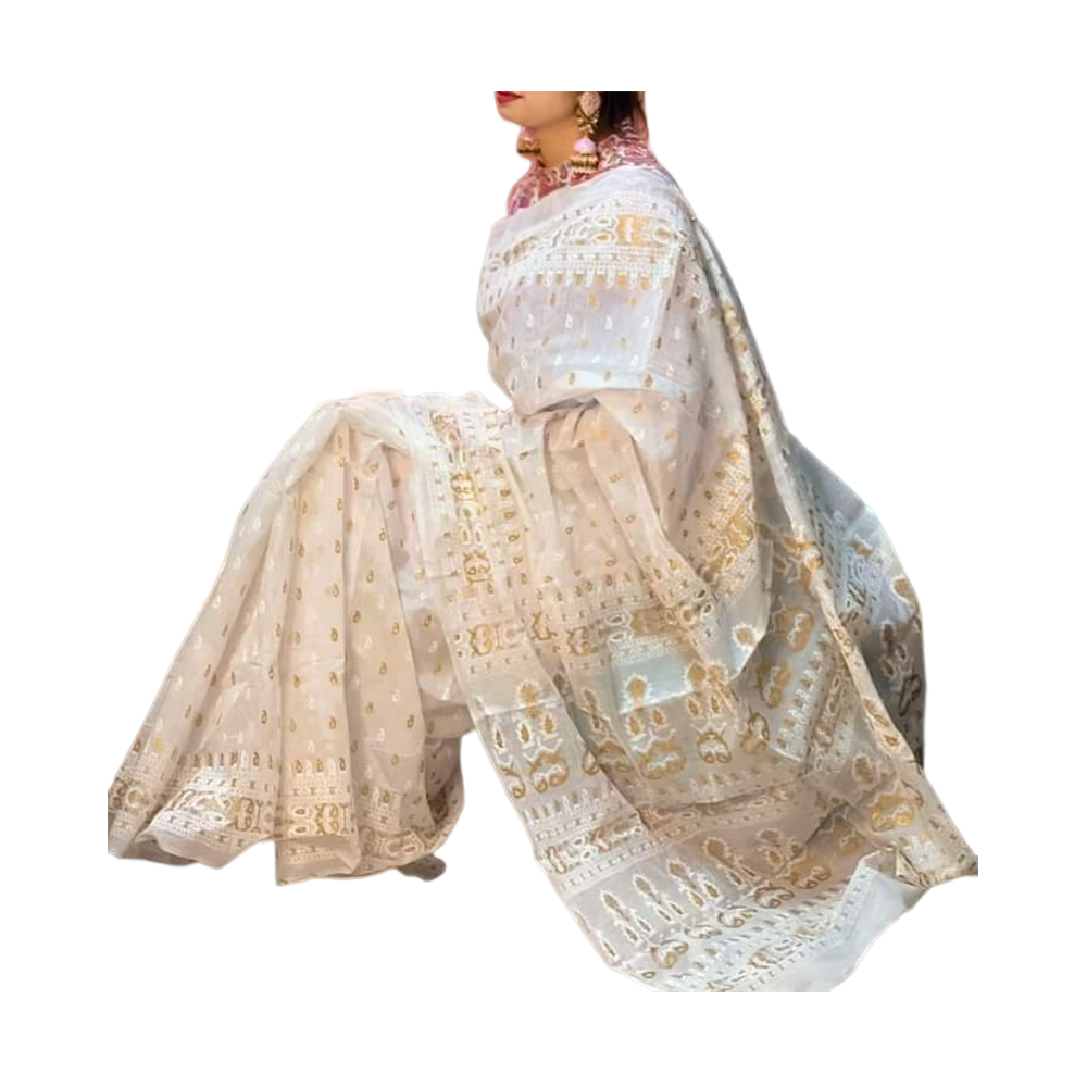 Half Silk Screen Print Saree For Woman - Cream and White