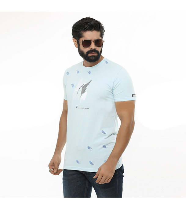  Cotton Short Sleeve T-Shirt for Men - Light Sky Blue 