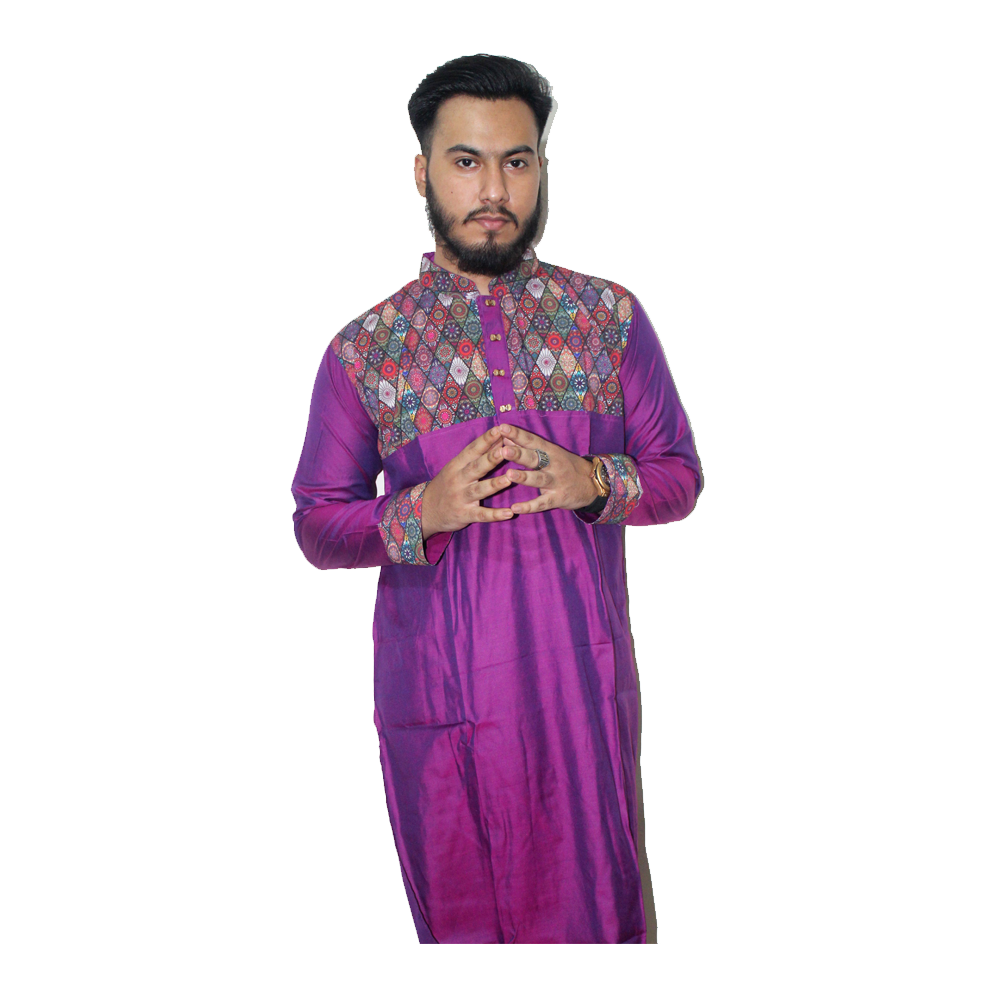 Dupion Silk Semi Long Panjabi For Men - Purple