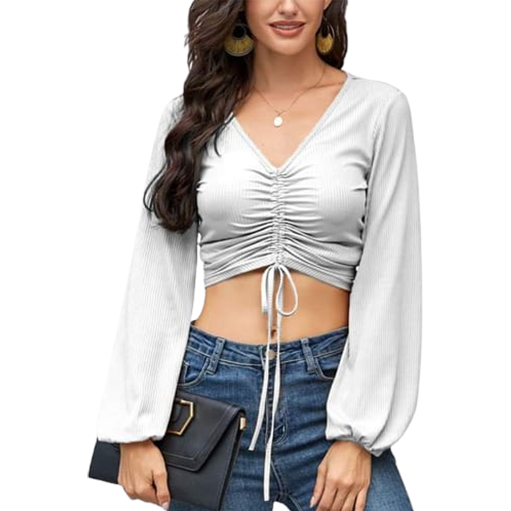 Cotton Crop Tops Full Sleeve Blouse For Women - White - TP-26