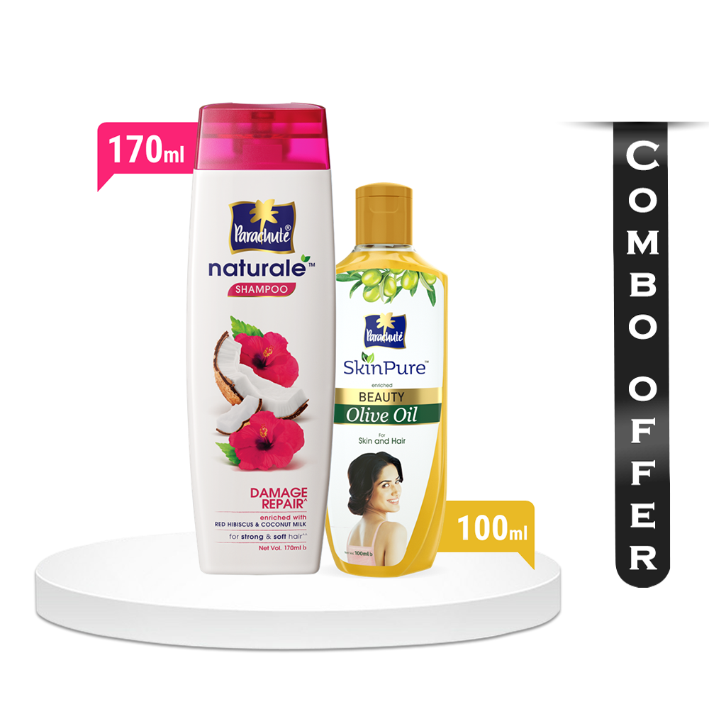 Super Combo of Parachute Naturale Shampoo Damage Repair - 170ml And Parachute Skin Pure Beauty Olive Oil - 100ml