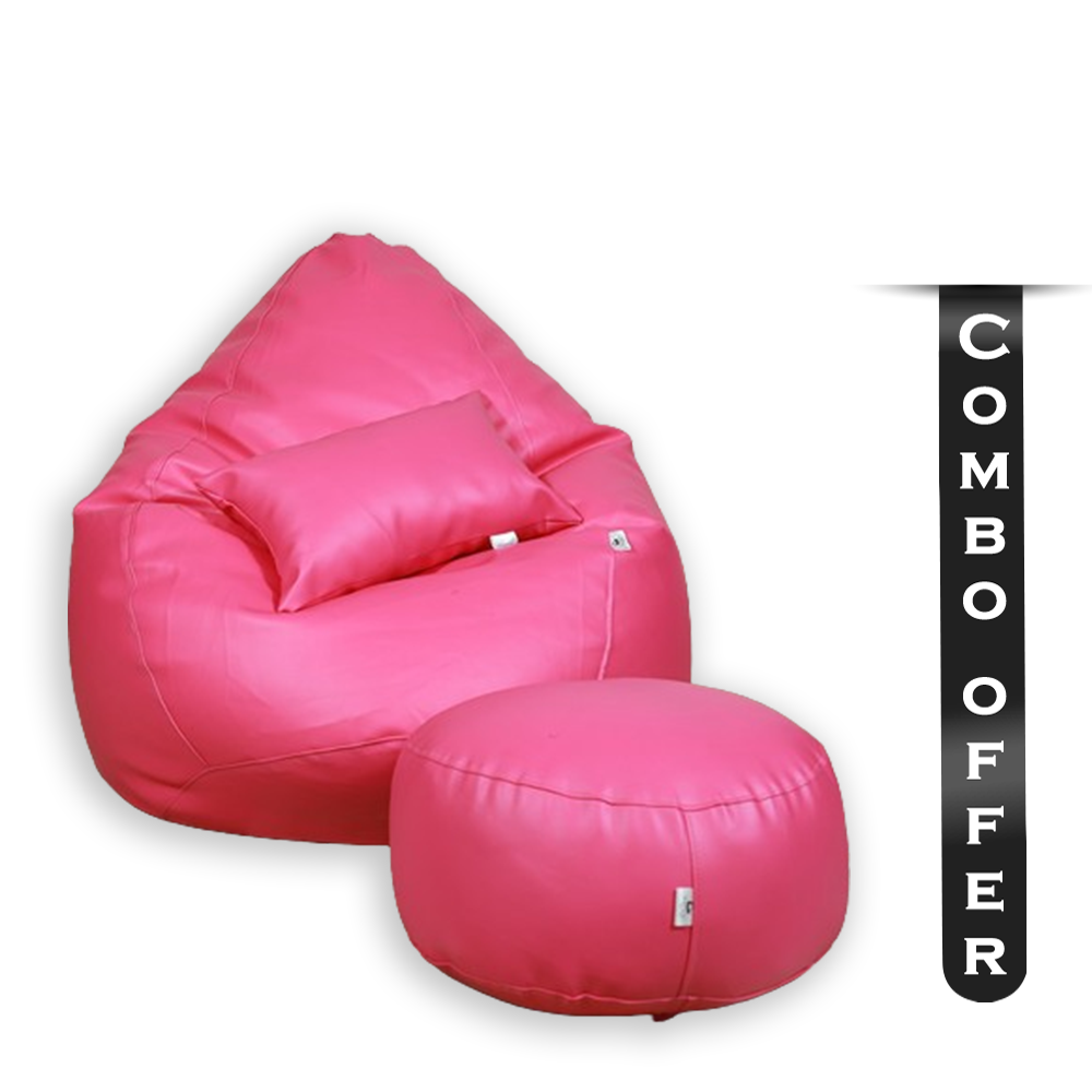 Combo of 3Pcs Leather Bean Bag - XXXL With Leg Rest and Cushion - Pink - APL3CPN