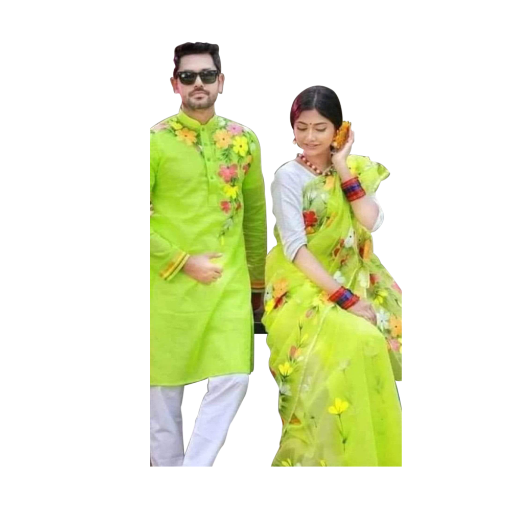 Half Silk Sharee and Cotton Punjabi Set For Couple - CS-15 - Green