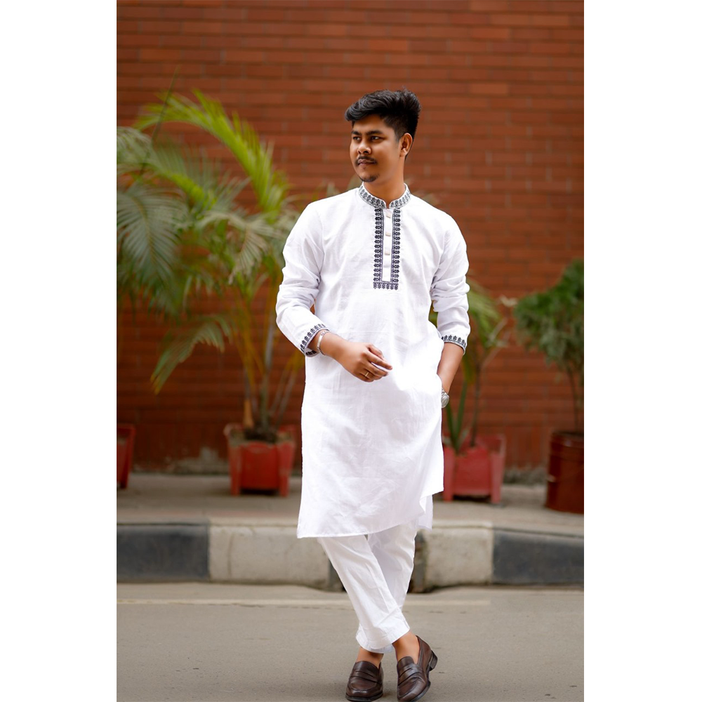 Cotton Semi Long Panjabi for Men - White - 419