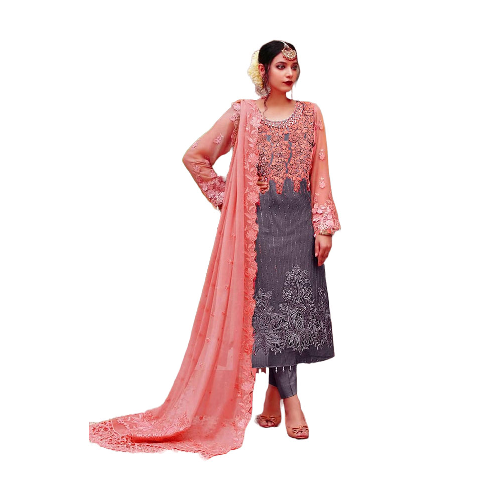 Three Pcs For Women Georgette and Butter Silk - Salmon and Gray