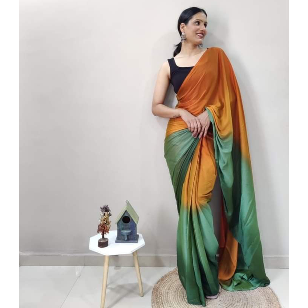 Soft Georgette Color Shade Saree With Blouse Piece For Women - Orange and Green - Green-orangeshade0111