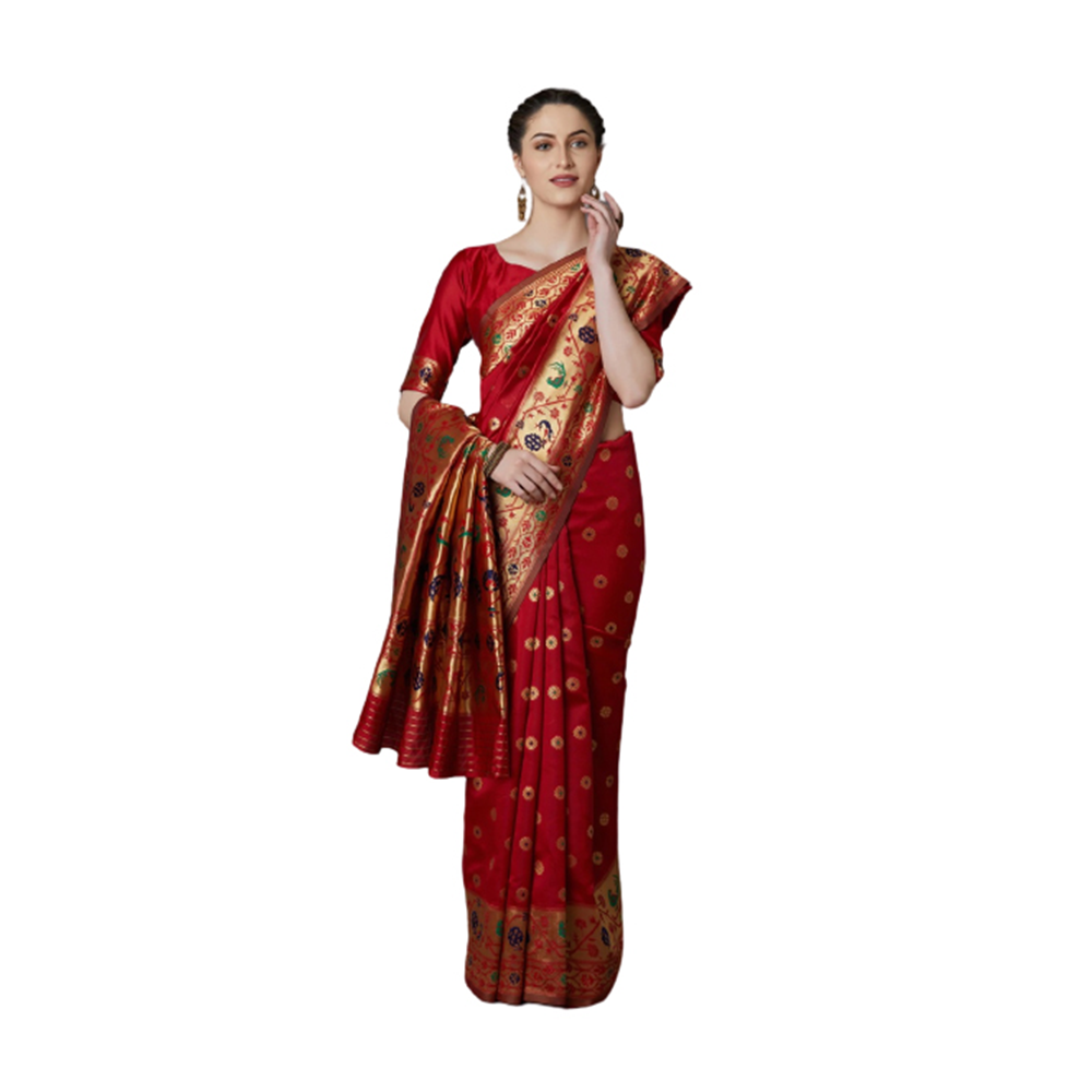 Silk Printed Saree With Blouse Piece - Red - SS-55