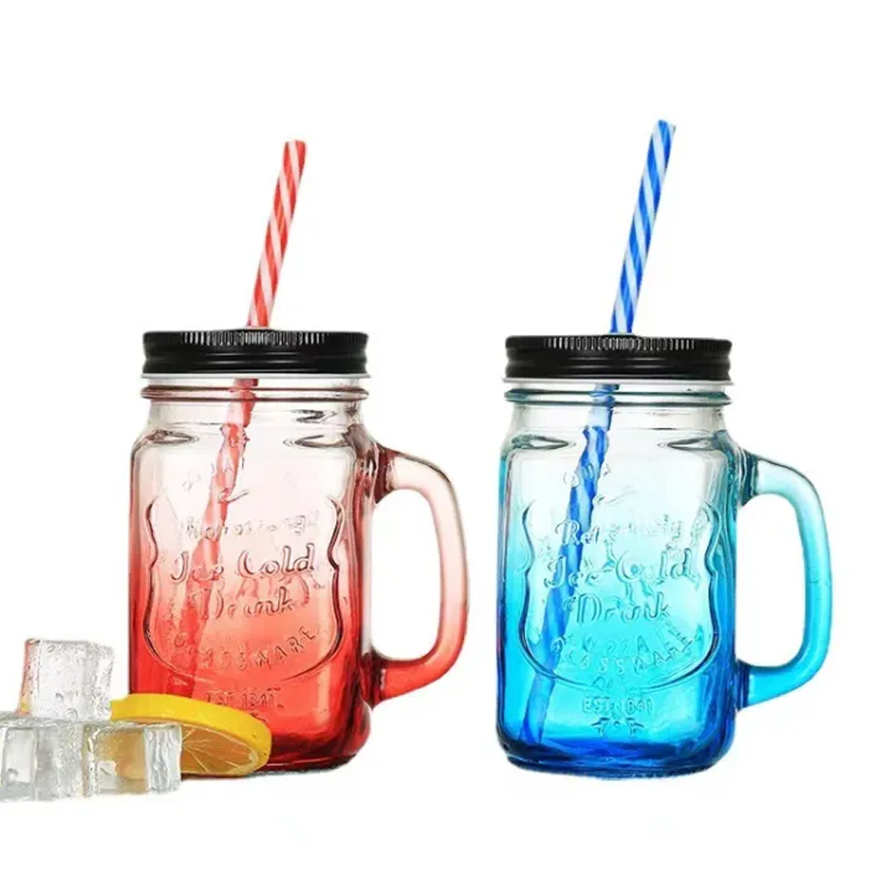Juice Glass Straw Jar With Lid 500ml Multicolor