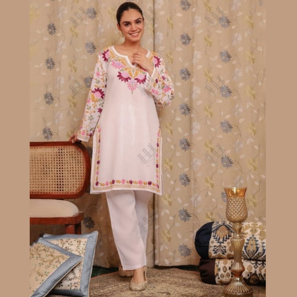 Linen Embroidery Ready Made Two Piece For Women - White Pink