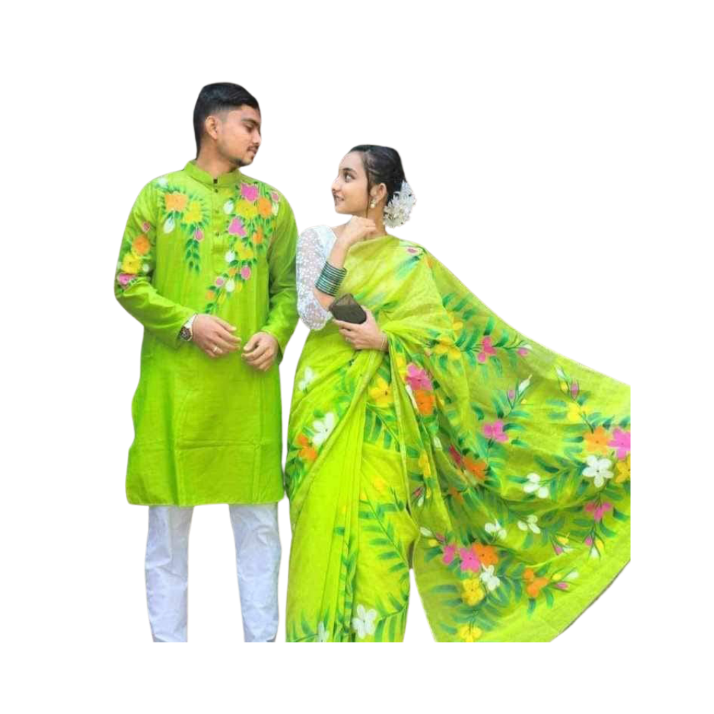 Cotton Silk Saree and Dhupian Cotton Punjabi Couple Dress - Bright Olive - SC43