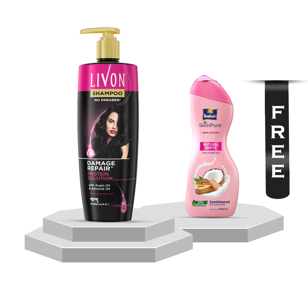 Livon Damage Repair Protein Shampoo - 300ml With Parachute SkinPure Skin Lotion Natural White - 100ml Free - EMB095