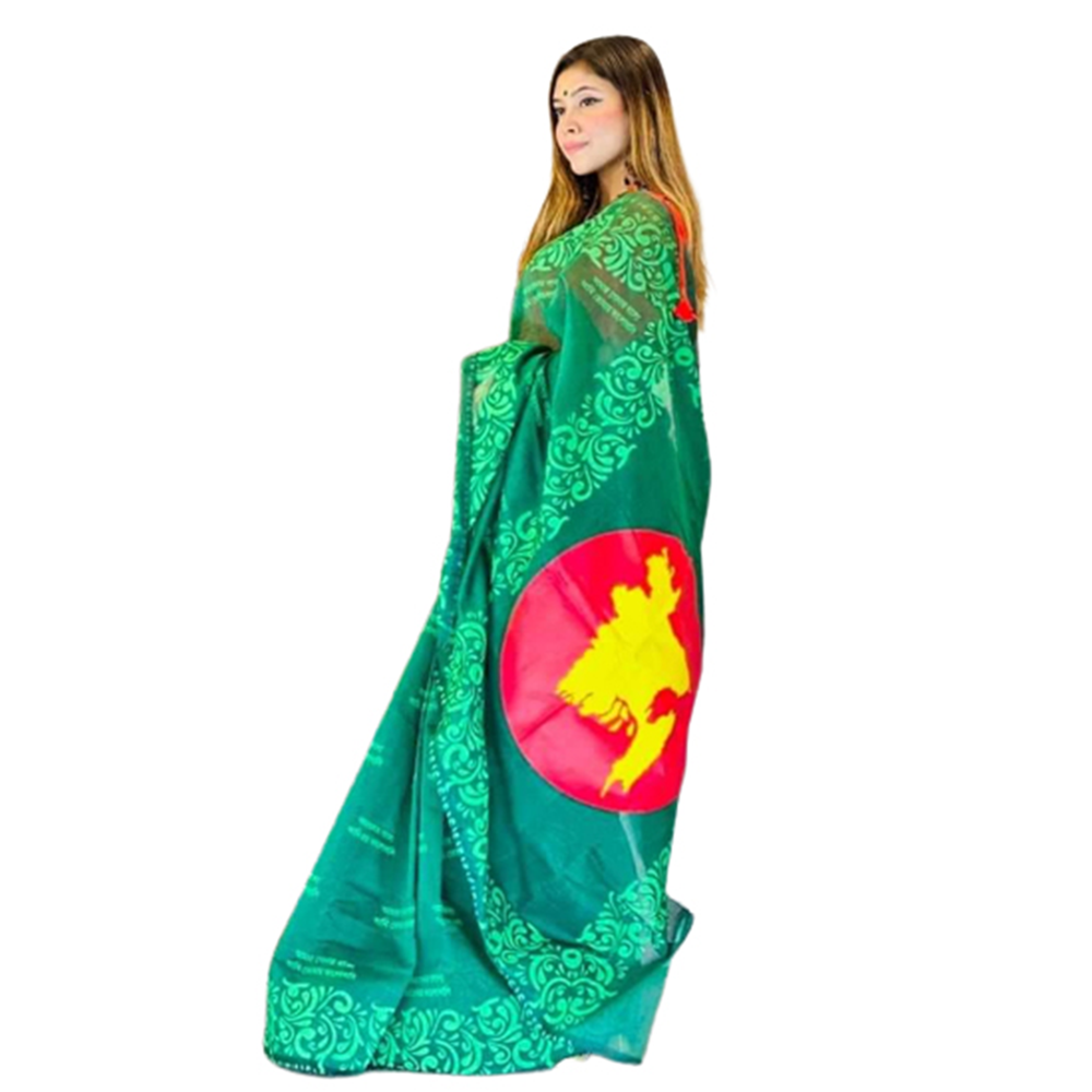 Half Silk Block Printed Saree For Women - Green - SP-136