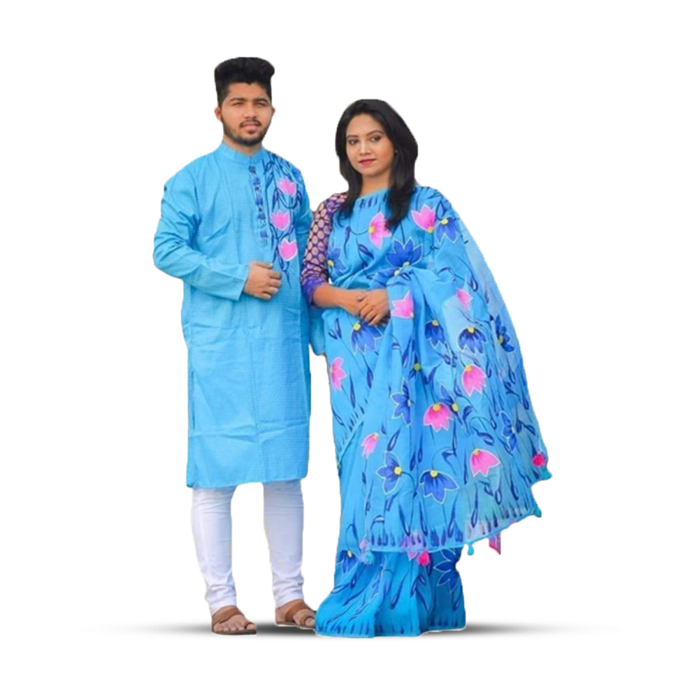 Hand Printed Saree With Panjabi Couple Set - Cyan - CS-84