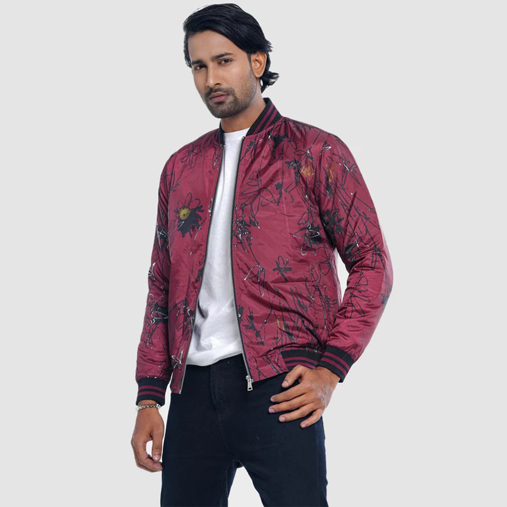 Taffeta Casual Bomber Jacket in Bee Print For Men - Glossy Maroon