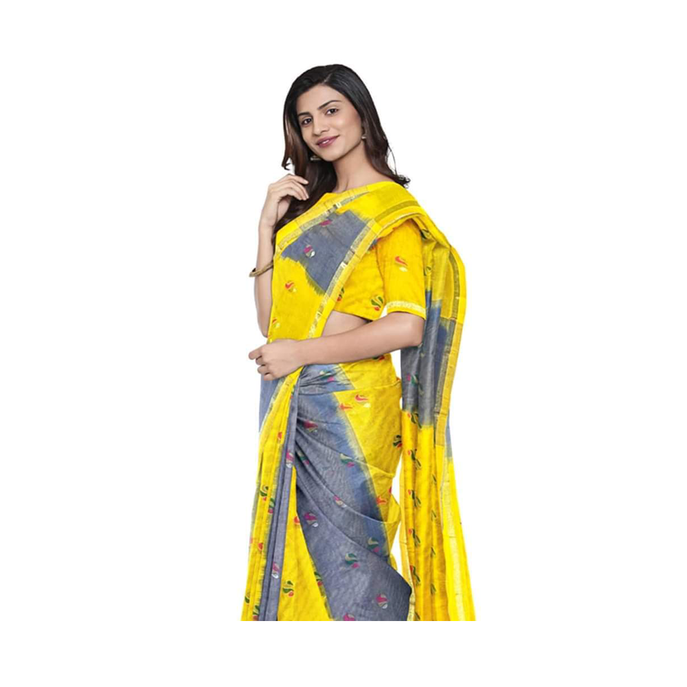 Mashlais Cotton Jamdani Sharee for Women - Gray and Yellow -  SR-14