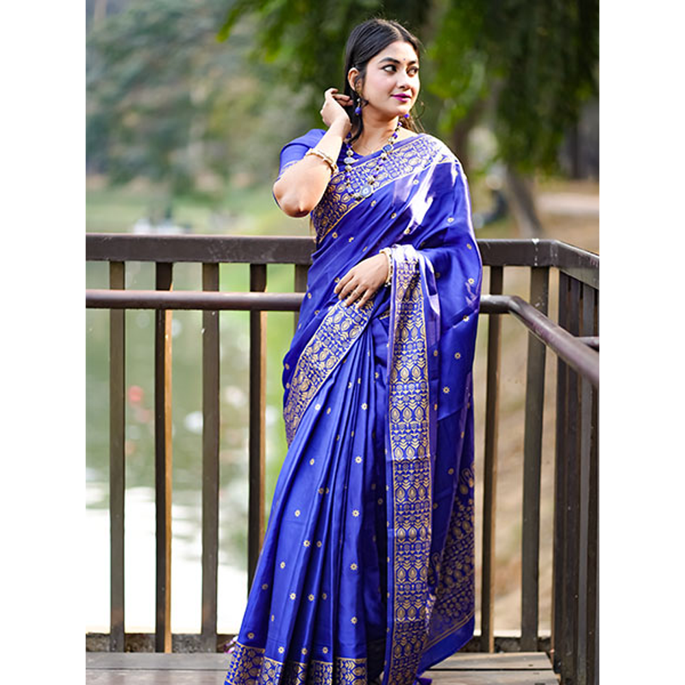 Japani Skin Print Silk Saree With Blouse Piece For Women - Blue - SF-036
