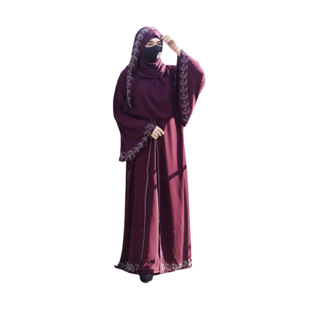 Dubai Cherry Stone Work Borkha With Koti and Hijab For Women - Maroon - BK-K7